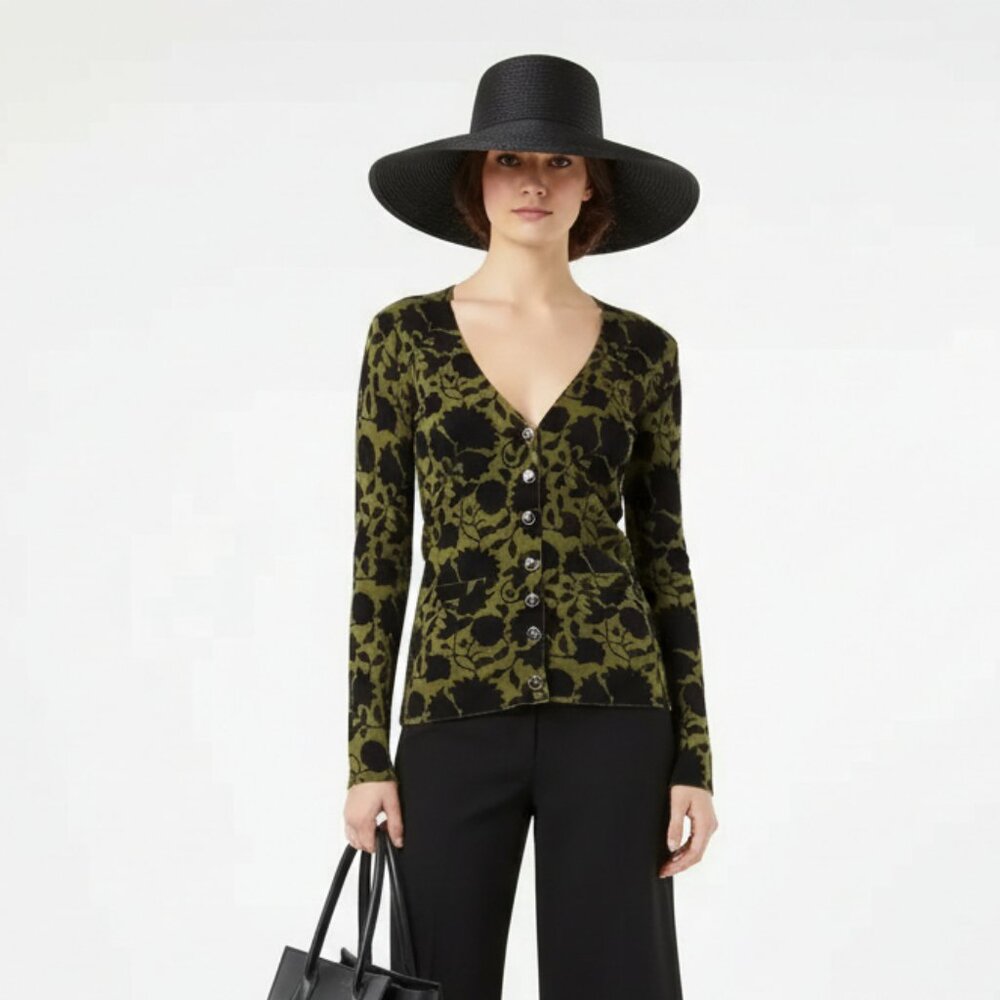 Fossil‎ Green & Black Print Long Sleeve Knit Cardigan Sweater NEW XS